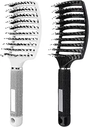 2 PCS Boar Bristle Paddle Hairbrush, Detangling Nylon Bristle Brush, JOMWEN Curved Vented Hairbrush for Faster Drying for Long Thick Curly Hair, Reducing Hair Breakage(White, Black)