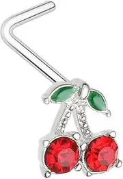 [Pierced Owl] 20GA 316L Stainless Steel CZ Crystal Red Cherry L-Bend Nose Stud, 20ga, Metal, cubic zirconia