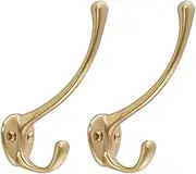2Pcs Antique Solid Brass Clothes Hooks Entryway Coat Hooks Scarf and Jacket Hangers Perfect Bath Towel Heavy Hooks (Gold)