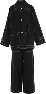 [Zadaos] Women Lapel Denim Jacket Wide Leg Pants Two Piece Suit Long Sleeve Solid Coat Set Ll Season