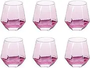 Hbluefat Stemless Wine Glasses Set of 6, Water Cup, Diamond Shaped, Geometric Tumblers. 10oz White Red Wine Whiskey Cocktai Glasses for Birthday, Party (Pink)