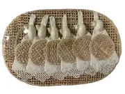 Vintage Set Of 6 Woven Bamboo Embroidered Seashell Placemats Napkins Coasters