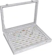 Siveit Rings Organizer Tray 10 Slots Velvet Ring Display Tray Insert Jewelry Earring Storage Box with Transparent Glass lid Can Hold 100 Rings Earrings Suitable for Girls and Women (Grey)