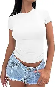 [Awemeal] T-Shirt Women's Summer Basic T-Shirt Top Crew Neck Short Sleeve T Shirt Crop Tops Plain Tight Tee Shirt Blouse Slim Fit Gym Workout Y2k Clothing