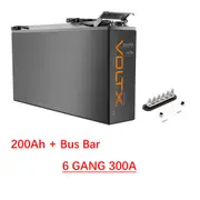 VoltX 12V 200Ah Slim Lithium Battery + Bus Bar M8 Power Distribution Terminal Block (6 GANG 300A Black)