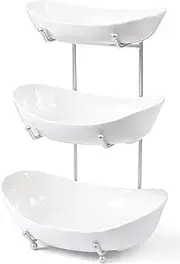 HBlife Fruit Bowl for Kitchen Counter - 3 Tier Ceramic Fruit Bowl with Metal Stand, Tiered Fruit Basket for Kitchen, Snack, Dessert Tray Plate Rack for Party