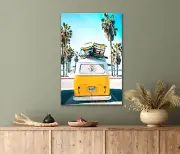 Palm Trees and Yellow Van with Surfboards 40x60cm Canvas or Metal Print Wall Art