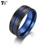 TT 8mm Black/Blue Stainless Steel Band Ring Size 7-12 (R440) 2023 NEW