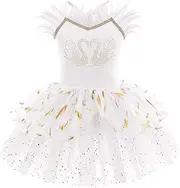 [IMEKIS] Girls Ballet Dance Dress Sleeveless Princess Swan Ballerina Dancewear Gymnastics Jersey Tutu Shiny Ruffle Tulle Skirt Athletic Costume
