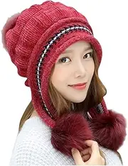 [Generic] Thermal Cycling Cap Hats Knitted Hemming Ball Wool Warm Keep Women Hat Winter with Hair Fashion Baseball Caps Insulated Men Hat