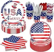 128Pcs 4th of July Paper Plates & Napkins Sets Accessories,American Flag Party Set Fourth of July Patriotic Party Supplies Decor,Red White and Blue Birthday Usa Independence Day Outside Decorations