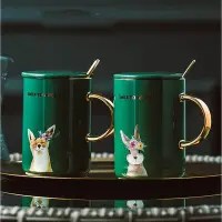 在飛比找Yahoo!奇摩拍賣優惠-北歐描金把手動物馬克杯帶蓋帶勺簡約創意陶瓷杯個性潮流咖啡水杯