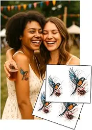 Watercolour Bird & Nest Temporary Tattoos – 2 A6 Sheets with 4" and 3" Designs – by Inkwear