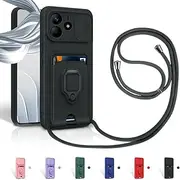 Aithne Case for Xiaomi Redmi Note 14 4G Mobile Phone Chain Case, Slide Camera Protection, Silicone Mobile Phone Case for Hanging Chain, 360 Degree Ring Holder, Stand, Card Slot, Black