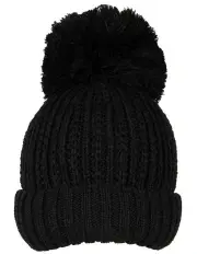 [Dents] Ribbed Knit Bobble Beanie in Black