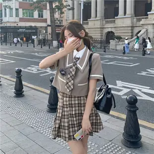 韓式校服jk制服女夏學院風套裝高中生班服英倫風格子百褶裙短袖