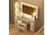 Advwin Dressing Table Stool Set Large Mirror and Lights Glass Top Vanity White