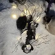 Halloween Decor, Floral Skeleton for Halloween Decoration Indoor - Gothic Creepy Decor, LED Black Gothic Skull Hanging Wreath Decorative Door Hanging Wreaths with Movable Posable Joints