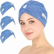 HALLEY Cotton Hair Towel Wrap – 3 Packs Super Absorbent, Anti Frizz Fast Drying Hair Towel for Curly Long Thick Hair – Hair Turbans for Wet Hair with Button – Hair Plopping Towel (Blue)