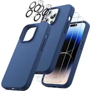 [3 in 1] Silicone Case for iPhone 13 Pro 6.1-Inch with 2-Pack Screen Protector and 2-Pack Camera Lens Protector Tempered Glass (Navy Blue)
