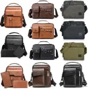 Men Vintage Leather Canvas Crossbody Bag School Satchel Messenger Shoulder Bags