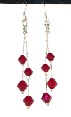 SIAM RED Crystal Earrings Dangling Tassel Sterling Silver Swarovski Elements