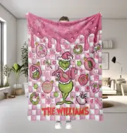 Personalized Pink Grinch Christmas Fleece Blanket, Family Name Christmas Retro