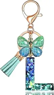 [JINGUAZI] Initial letter Keychains for Women Tassel Butterfly Pink Purple Cute Car Keychain for Wallet Backpack bag charm