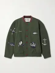 [Sea] Sea - Clyde Corduroy-trimmed Embroidered Cotton Jacket - Army green - medium medium Green