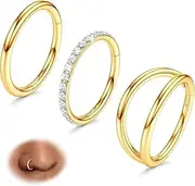 [Generic] Gold Plated Nose Rings Hoops - 3pcs Surgical Steel Double Hoop Nose Rings 16G Hinged CZ Conch Piercing Jewelry Septum Clicker Lip Rings Cartilage Earring Helix Rook Tragus Daith 8mm