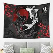Japanese Yin Yang Koi Fish Tapestry, Cool Red And Black Anime Sakura Art Tapestries Vertical Wall Hanging Japanese Anime Tapestry For Men Bedroom Living Room Office College Dorm Home Decor 80x60"