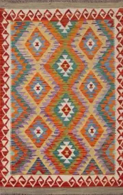 Flatweave Oriental Wool Carpet Multicolor Kilim Style Accent Rug 4x6 Ft