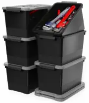 WYT 17 Quart Stackable Plastic Storage Bins with Grey Lids, 6 Pack Black Cont...