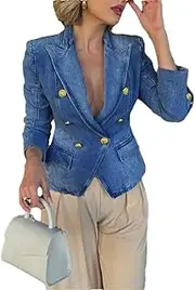 [Generic] Women Lapel Neck Solid Denim Jacket Elegant Double Breasted Slim Commute Blazer