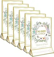 6 Pack A5 Gold Border Acrylic Sign Holders, Table Number Holders for Wedding, Double Sided Menu Display Stand, Poster Picture Frame, Clear Tabletop Holder for Store Restaurant Party Office