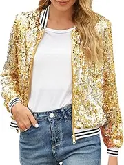 [Generic] Women's Shiny Jacket Sparkle Sequins Long Sleeve Zip Blazer Festival Party Bomber Jacket Fashion Shinny Cropped Coat