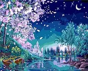 Awesocrafts Paint by Numbers Kits, Romantic Moon Cherry Blossoms Trees Stream Number Painting for Adults and Kids 16x20 inch Framed or Not (Starry Night, No Frame)