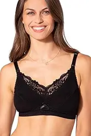 [Mamarella] Nursing Bra with lace Made of Cotton Without Underwire, Black, Full Cup Bra with Nursing Clips, Adjustable Straps and 6 Rows of Hooks for Extra Flexibility