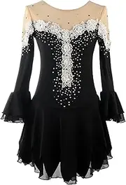 [Zagitova] Girls' Figure Skating Dress with Sparkling Diamonds, Women's Long Sleeve Ice Skating Dresses for Roller Skating