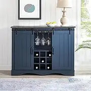 47 Inch Wine Cabinet with 2 Sliding Barn Doors, Glass & Wine Rack, Storage Shelves Kitchen Coffee Bar Buffet Sideboard Cabinet for Dining Room (Navy)