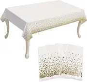 4 Pack Disposable Plastic Tablecloth, 54" X 108" Rectangle Dot Tablecloth, Disposable Tablecloths for Indoor or Outdoor Tables Party Decorations, Christmas Birthdays and Weddings (White and Gold)