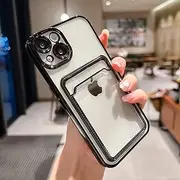 Electroplated Transparent Card Holder Wallet Case for iPhone 13 11 12 14 Pro Max 14 Plus Photo Pocket Shockproof Silicone Cover,Black,for iPhone 13 pro