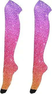 [Joitme] Blue Yellow Purple Glitter Shiny Knee Socks Women, Soft and Lightweight, Womens Stockings Thigh High, Blue Yellow Purple Glitter Shiny