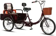 Human-Powered Bicycle with People/Cargo Dual-Purpose Pedal Car with Backrest Seat Tricycle Suitable for The Elderly to Buy Vegetables,Wine red