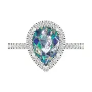 2.38Ct Pear Cut Blue Moissanite Gold Halo Engagement Promise Statement Ring