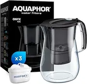 AQUAPHOR Onyx Black Water Filter Jug - Counter Top Design with 4.2L Capacity, 3 X MAXFOR+ Filters Included Reduces Limescale Chlorine & Microplastics Perfect for Families, Premium Quality Glass Effect