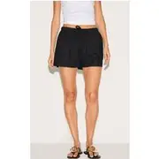 Black Chocolate Cotton Linen Look Drawstring Floaty Shorts, Black
