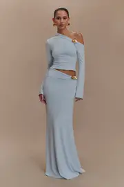 Ainsley Asymmetrical Maxi Skirt With Floral Hardware - Pale Blue