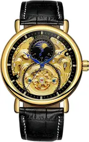 FORSINING Men's Analogue Automatic Watch Vintage AM/PM Sun Moon Skeleton with Calf Leather Strap