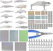Unpainted Crankbaits Blank Fishing Minnow Lure Kit - 291Pcs Fishing Pliers Scissors,Treble Hooks,Fishing Split Rings,Fishing Lure Sticker 3D Eyes DIY Fishing Tackle